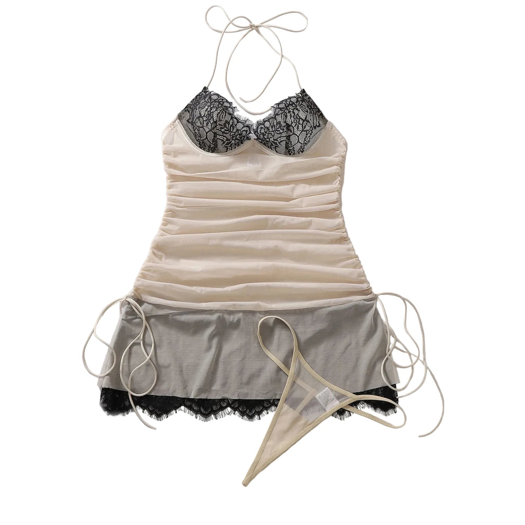 Two-Tone Ruched Halter Babydoll Dress with Black Lace Bodice and Drawstring Sides