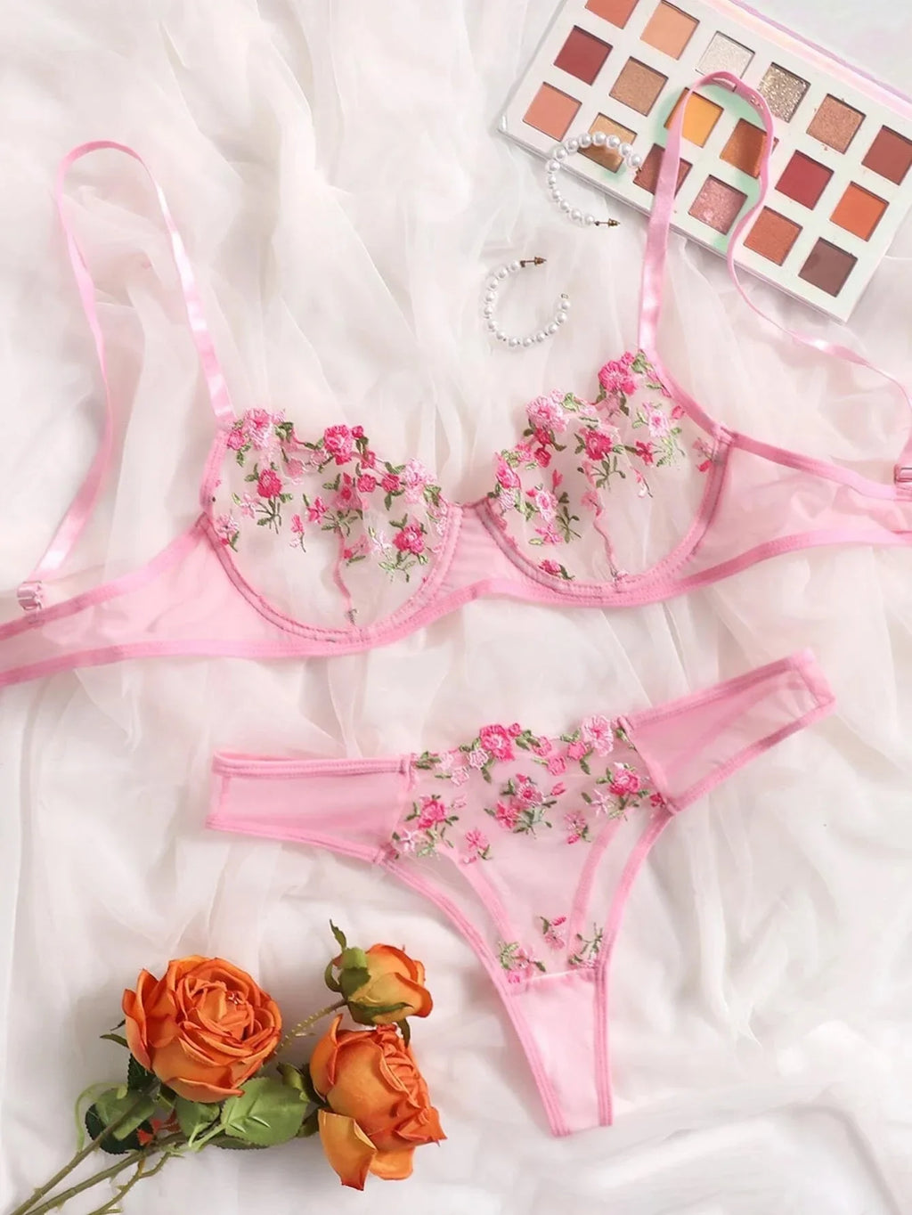 Purple Floral Embroidered Lingerie Set with Detailed Underwire Bra and Matching Brief