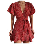Floral Wrap Style Mini Dress with Ruffle Hem and Short Sleeves