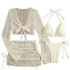 Four-Piece Cream Lace Resort Set with Triangle Bikini and Cover-Ups