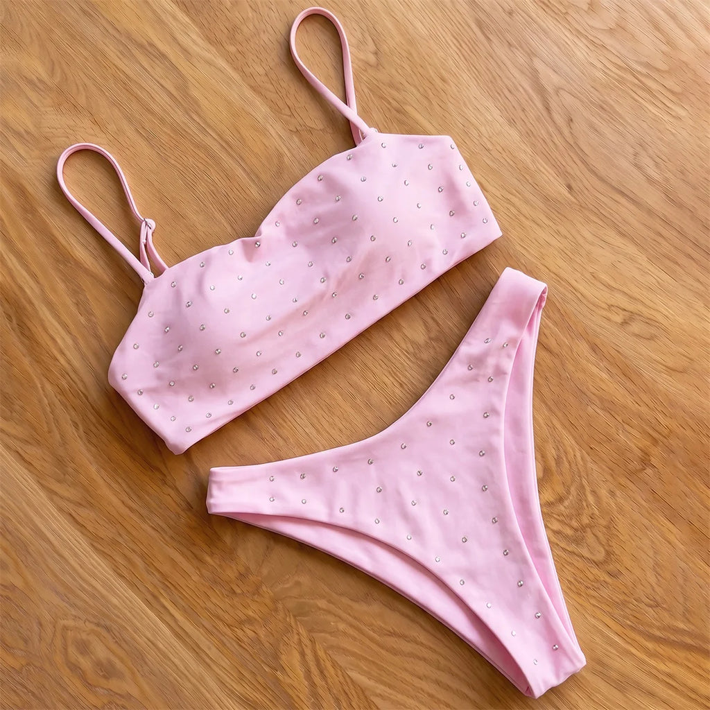 Minimalist Coral Pink Triangle String Bikini with Pearl Embellishments