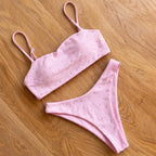 Minimalist Coral Pink Triangle String Bikini with Pearl Embellishments