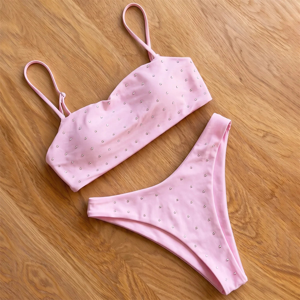 Minimalist Coral Pink Triangle String Bikini with Pearl Embellishments
