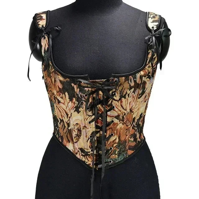 Elegant Beige Lace-Up Corset Top with Adjustable Tie-Shoulder Straps