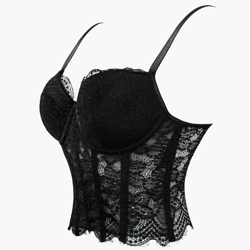 Romantic Black Floral Lace Bustier with Underwire Cups and Slender Straps