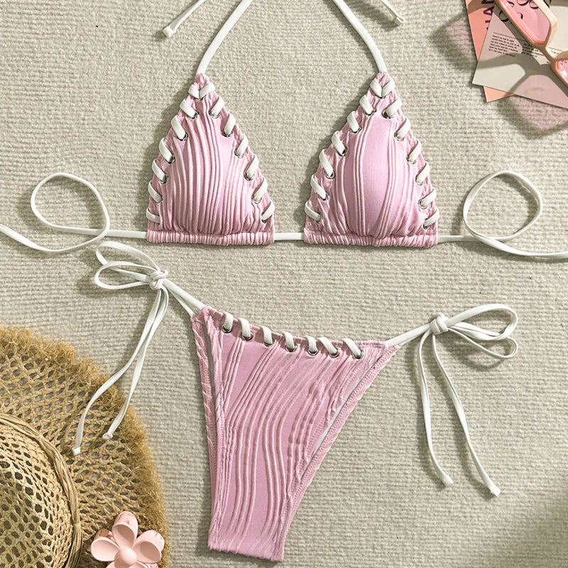 Textured Cream String Bikini with Braided Contrast Border Trim