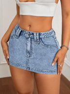 Washed Denim Bodycon Mini Skirt with Front Pockets and Slim Fit