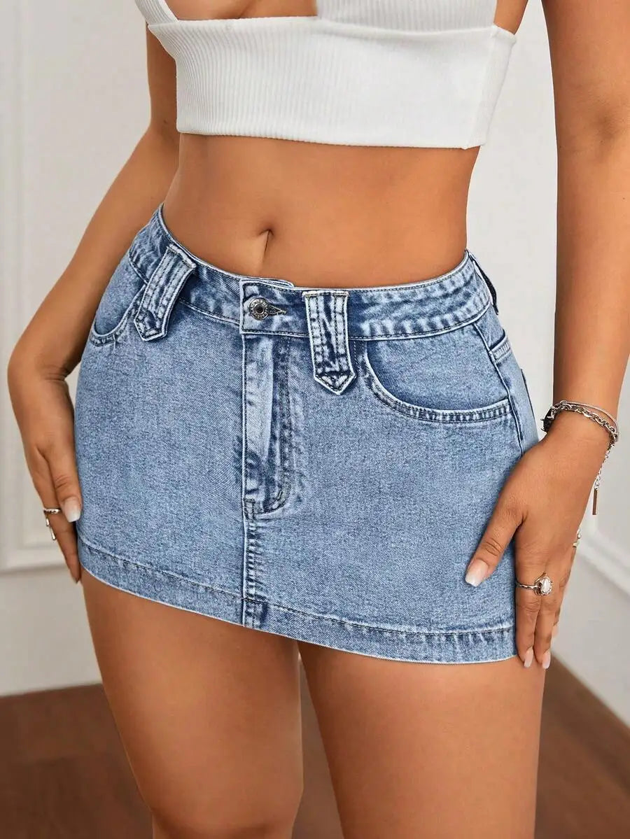 Washed Denim Bodycon Mini Skirt with Front Pockets and Slim Fit