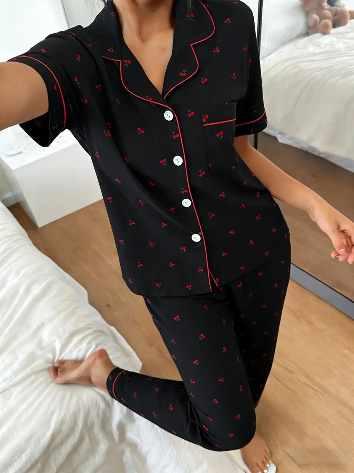 Relaxed-Fit Grid and Cherry Print Two-Piece Pajama Set with Contrast Piping