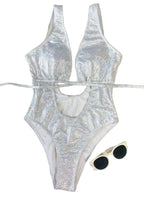 Metallic Silver Cutout One-Piece Swimsuit with Plunging Neckline