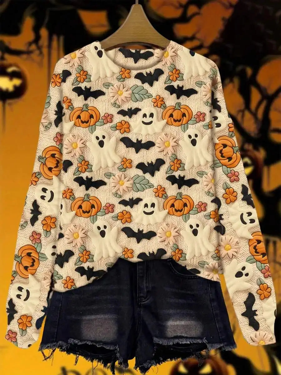 Women's Festive Graphic Knit Crew Neck Relaxed Fit Seasonal Sweater