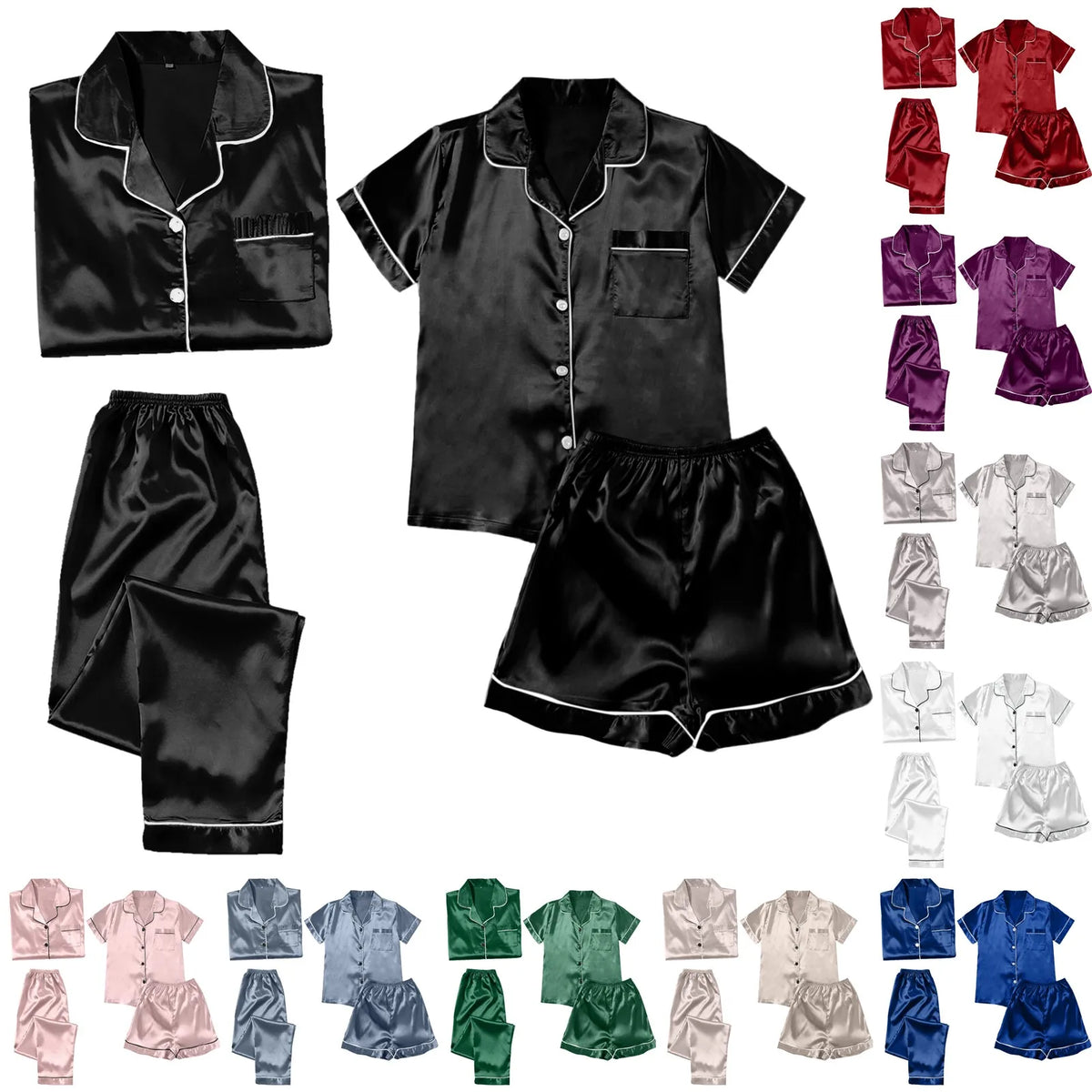 Women's 4-Piece Satin-Look Pajama Set, Short- and Long-Sleeve Tops with Matching Pants and Shorts, Soft Coordinated Loungewear