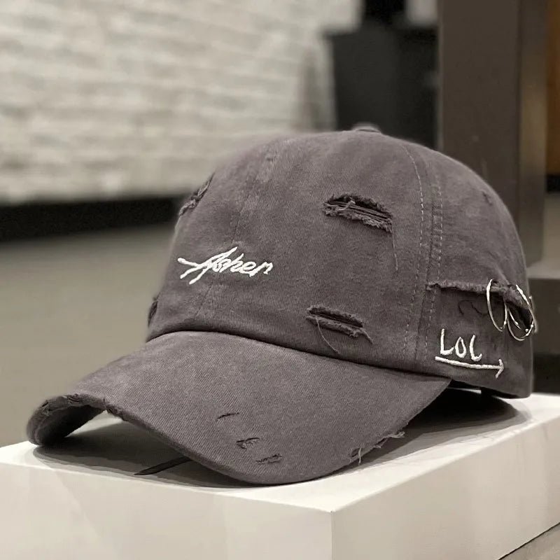 Vintage Distressed Embroidered Baseball Cap Adjustable Curved Brim Casual Streetwear Hat