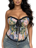 Vibrant Floral Print Front-Zip Corset Top with Black Lace Trim