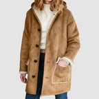 Women's Faux Suede Sherpa Lined Hooded Jacket Casual Winter Button Front Outerwear