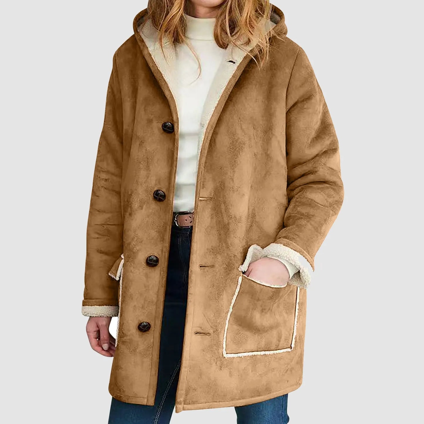 Women's Faux Suede Sherpa Lined Hooded Jacket Casual Winter Button Front Outerwear