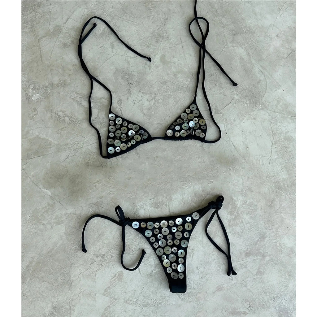 Glamorous Disc-Embellished Triangle String Bikini Set
