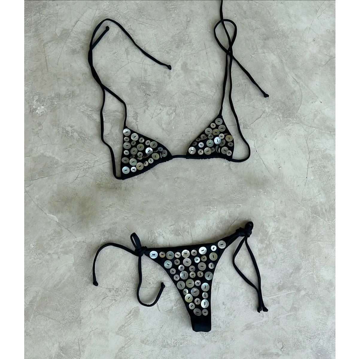 Glamorous Disc-Embellished Triangle String Bikini Set