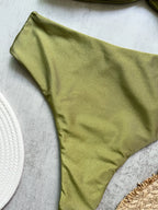Olive Green Bandeau Bikini Set with Center Hardware and Ruched Detailing