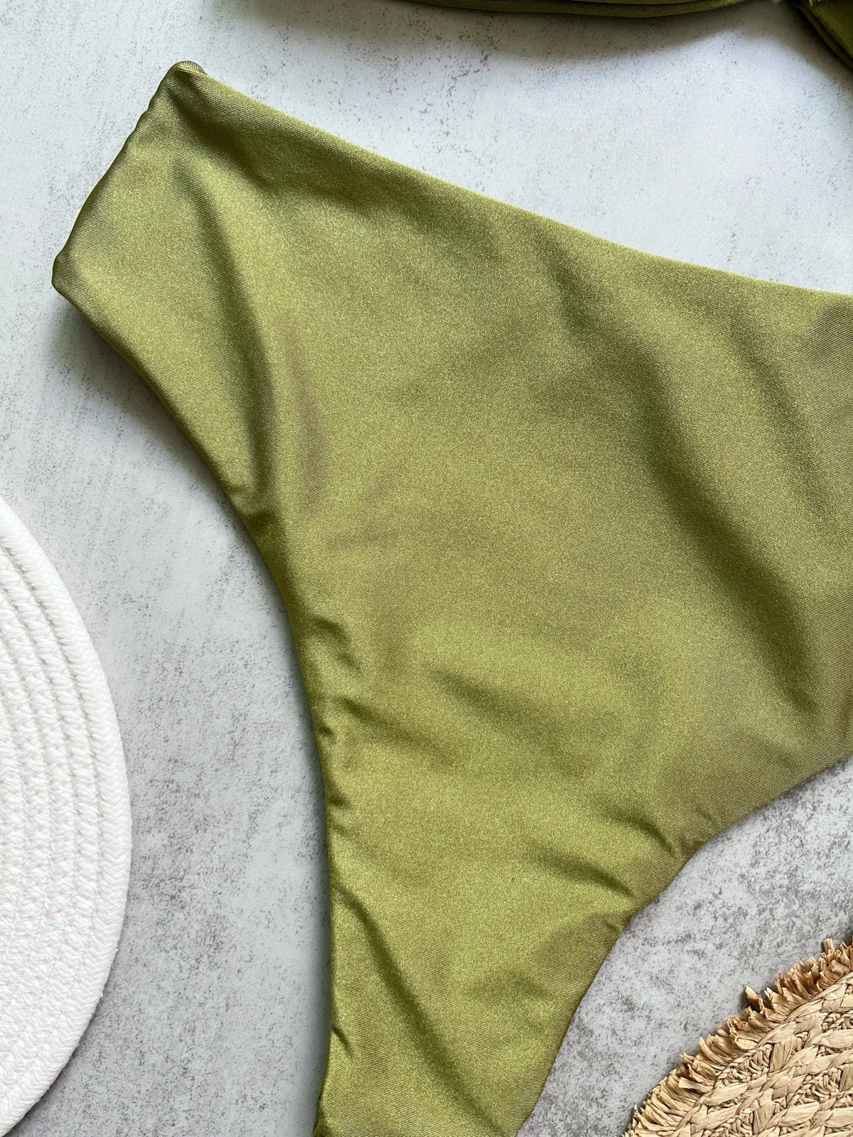 Olive Green Bandeau Bikini Set with Center Hardware and Ruched Detailing