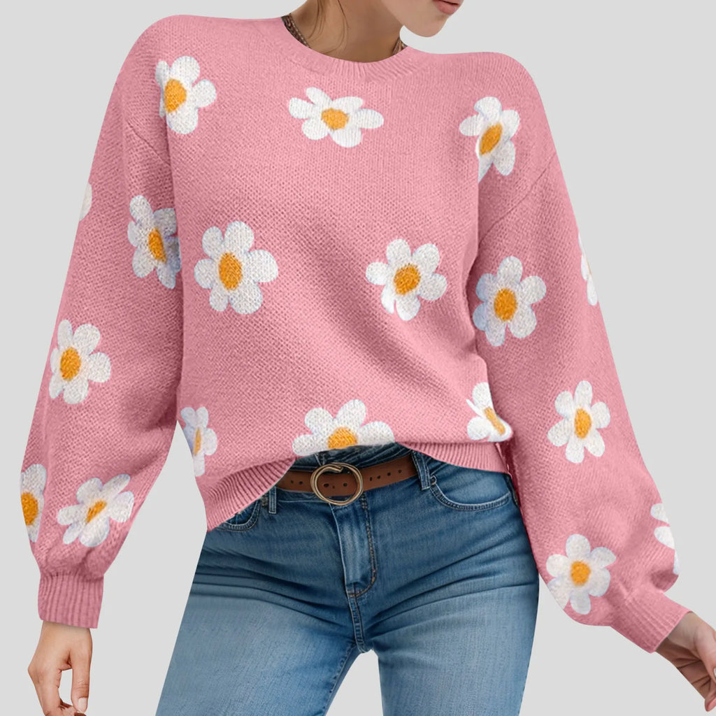 Floral Pattern Knit Pullover Sweater with Ribbed Trim and Relaxed Fit
