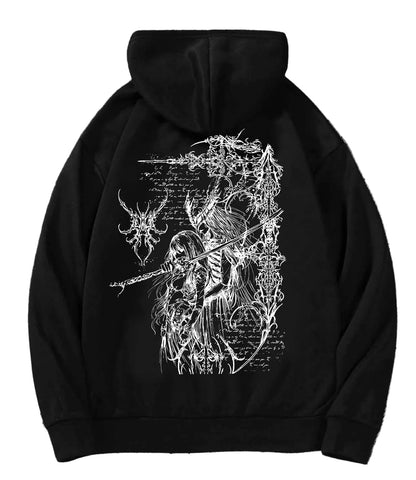Distressed Anime Goth Hoodie With Abstract Gothic Streetwear Artwork