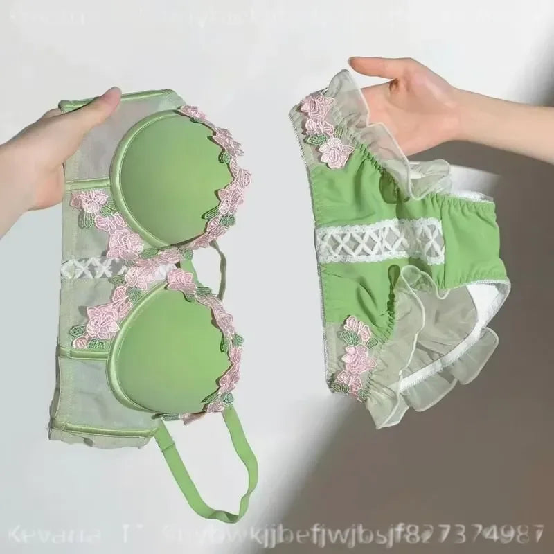 Pastel Floral Embroidered Contour Push-Up Bra and Matching Scalloped Brief Set