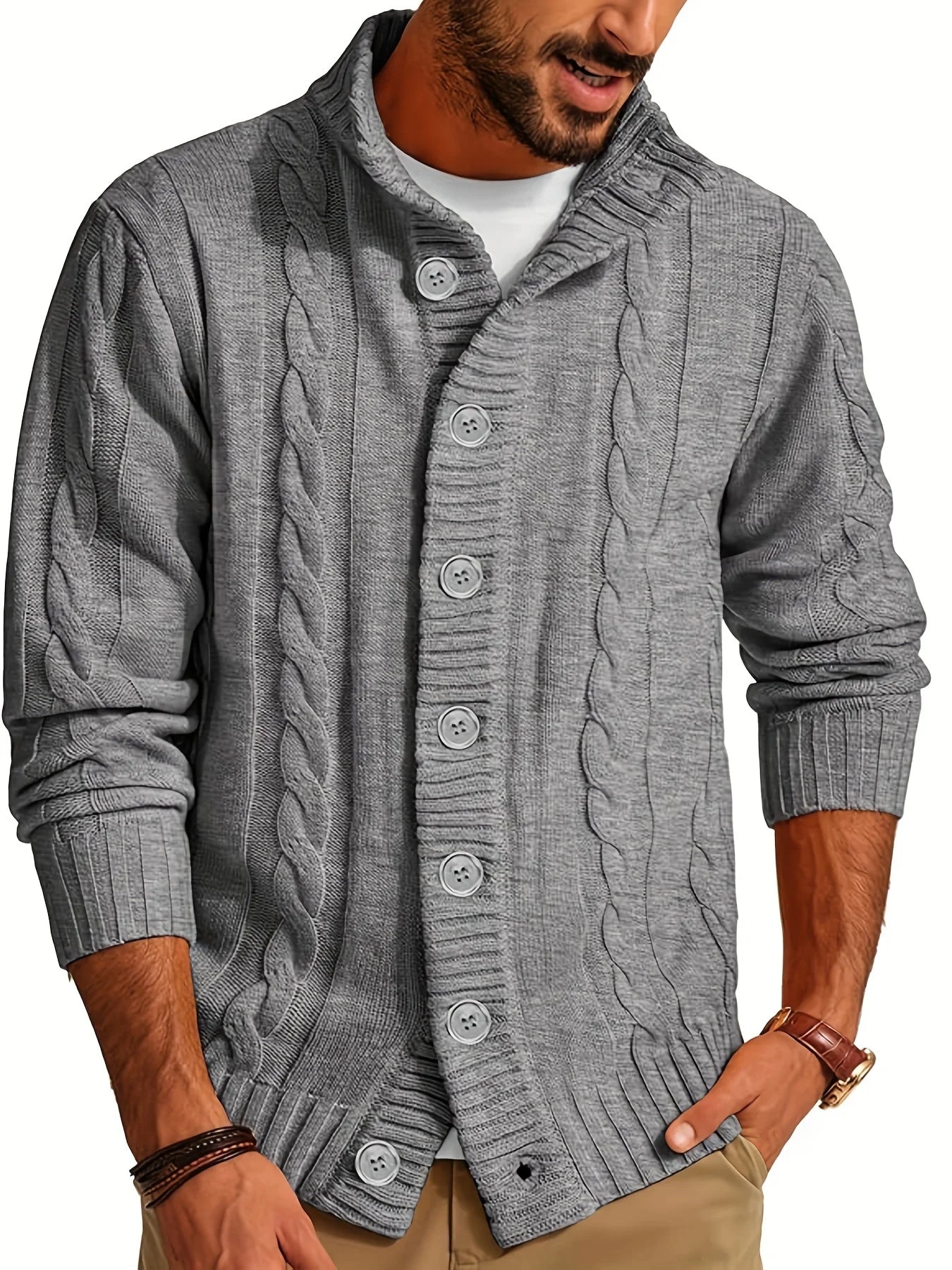 Men's Cable Knit Button Front Cardigan Sweater with Casual Relaxed Fit