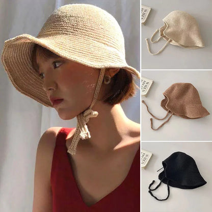Wide Brim Straw Blend Sun Hat with Adjustable Chin Strap for Beach and Travel Wear