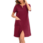 Women's Lightweight Zipper-Front Robe, Short-Sleeve Knee-Length Bathrobe with Pockets, Soft Casual Homewear and Sleepwear