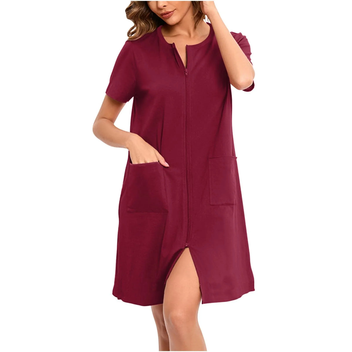 Women's Lightweight Zipper-Front Robe, Short-Sleeve Knee-Length Bathrobe with Pockets, Soft Casual Homewear and Sleepwear