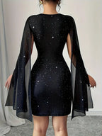Glamorous Black Glitter Mini Dress with Sheer Lace Yoke and Flowing Cape Sleeves