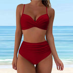 Emerald Green Cross-Front Bikini Set with Ruched High-Waisted Bottoms