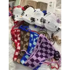Hand-Crafted Crochet Halter Bikini Set with Whimsical Feline and Checkerboard Details
