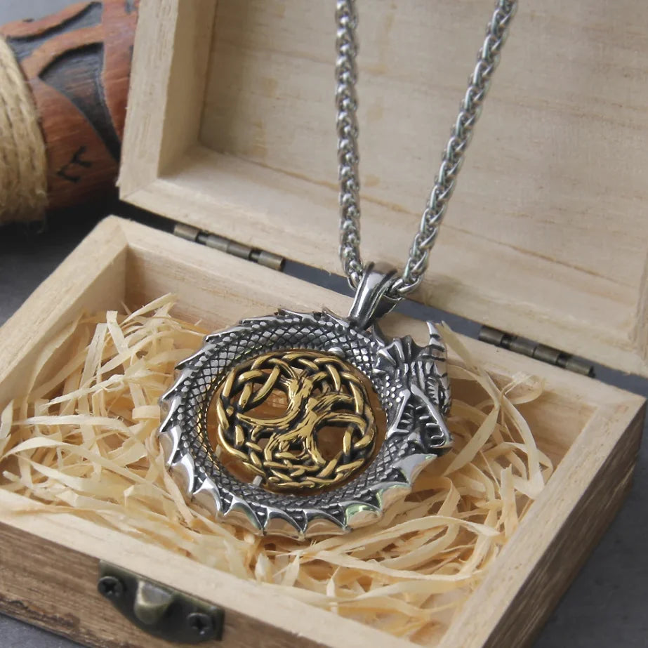 Ouroboros Tree Symbol Pendant Necklace with Mystical Alternative Statement Design
