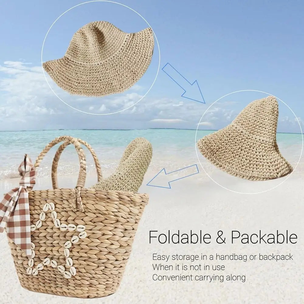 Packable Wide Brim Straw Sun Hat with Foldable Design for Beach Travel and Outdoor Adventures