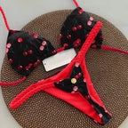 Playful Heart Print Triangle Bikini Set with Braided Pink Strap Detailing