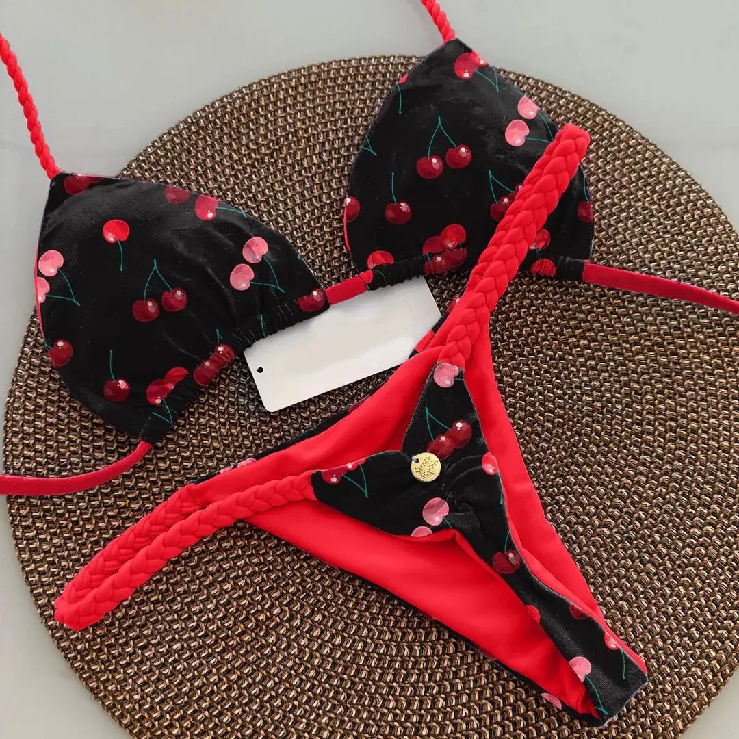 Playful Heart Print Triangle Bikini Set with Braided Pink Strap Detailing