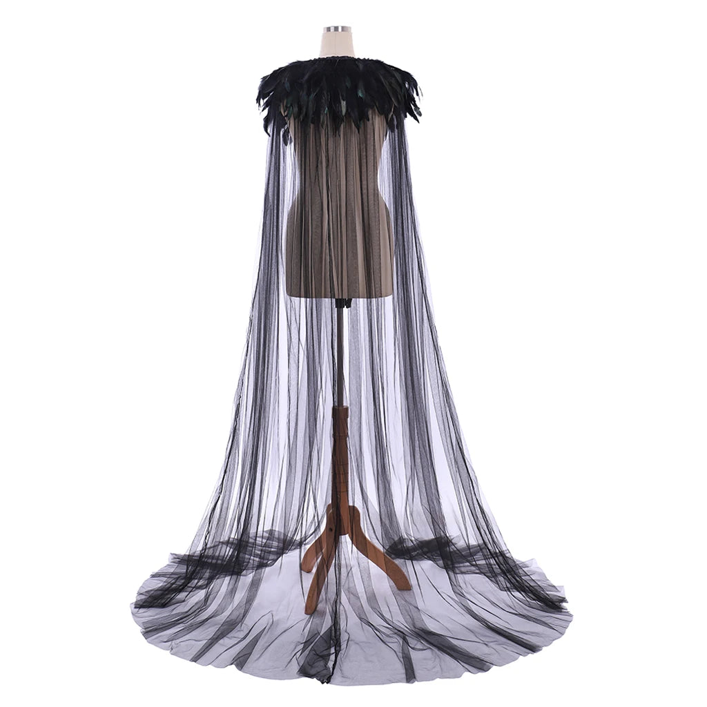 Unisex Gothic Feather Cape with Sheer Mesh Overlay and Dramatic Festival Styling