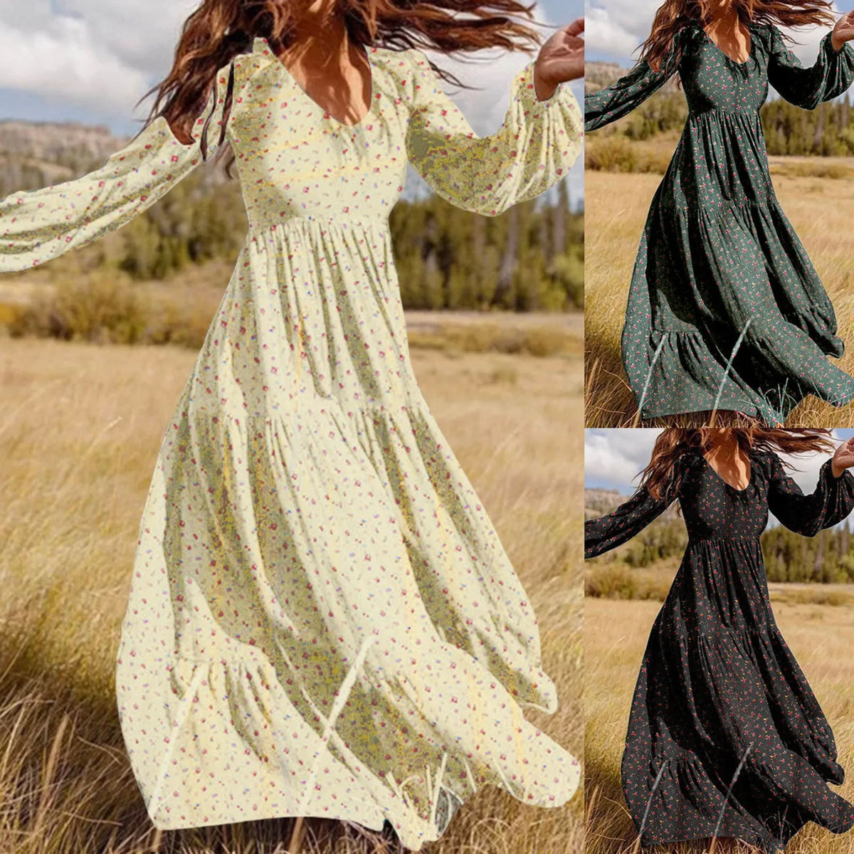 Flowing Bohemian Floral Maxi Dress with Tiered Skirt and Voluminous Sleeves