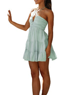 Mint Green Halter Neck Tiered Mini Dress with Plunging V-Neckline
