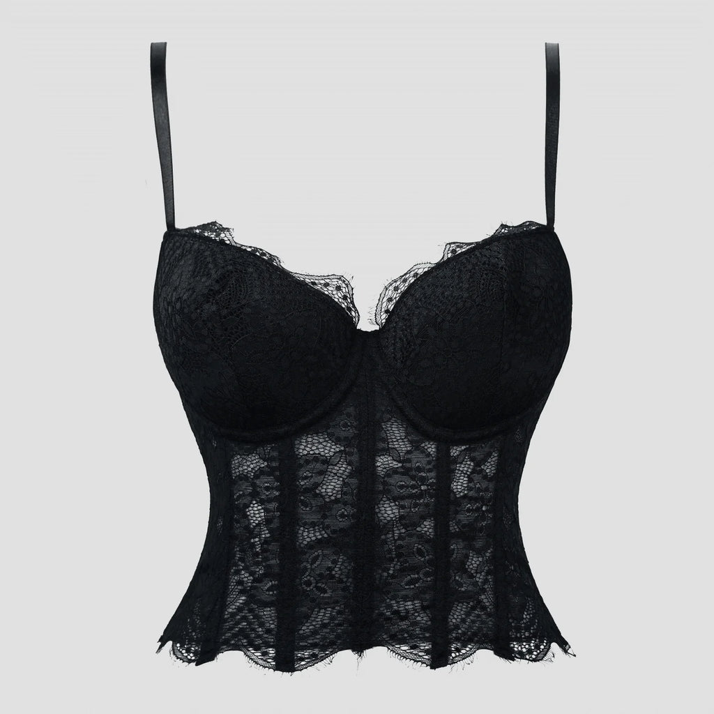 Romantic Black Floral Lace Bustier with Underwire Cups and Slender Straps