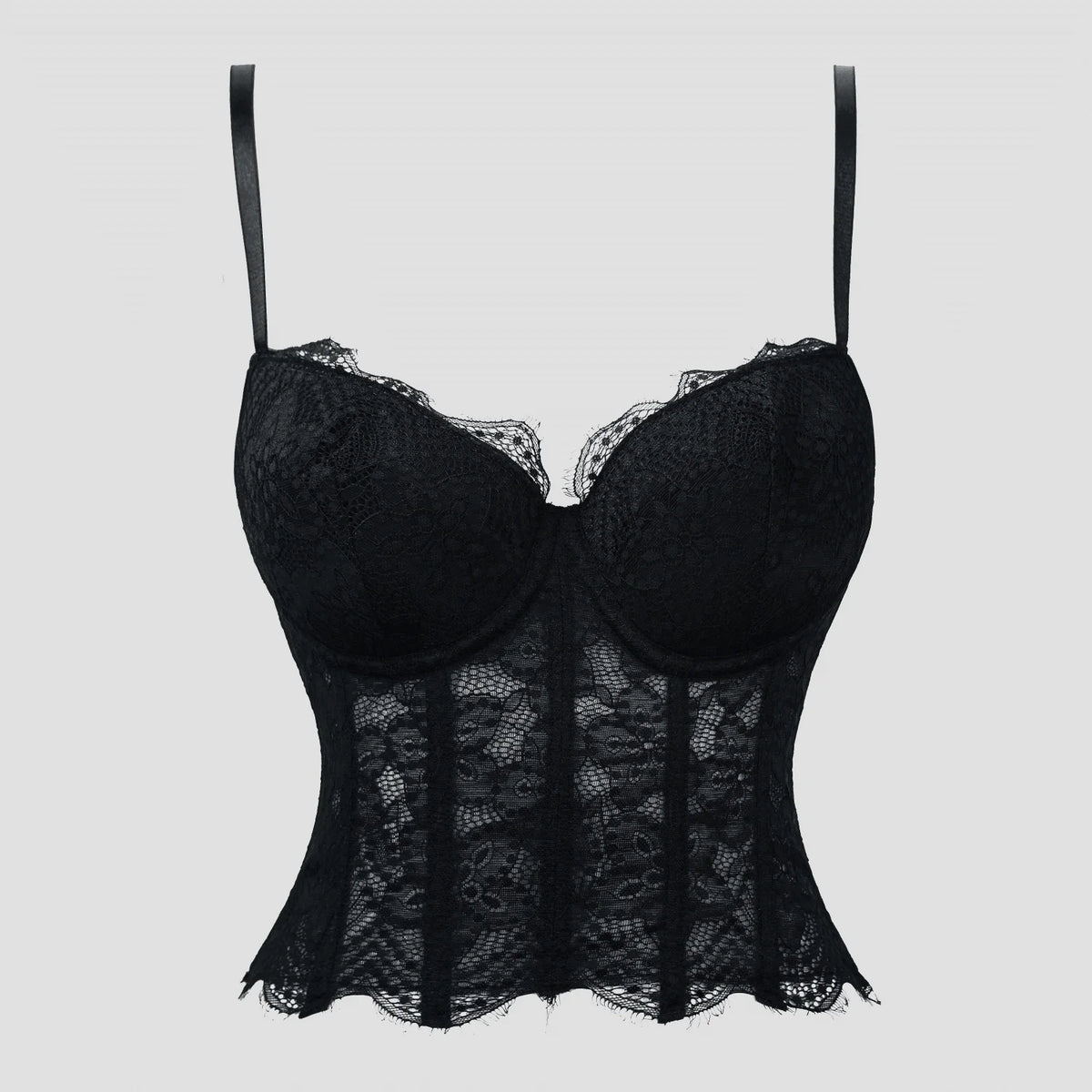 Romantic Black Floral Lace Bustier with Underwire Cups and Slender Straps