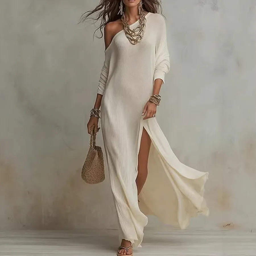 Long Sleeve Pleated Split Maxi Dress with Flowing Contemporary Elegance