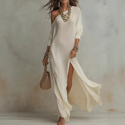 Long Sleeve Pleated Split Maxi Dress with Flowing Contemporary Elegance