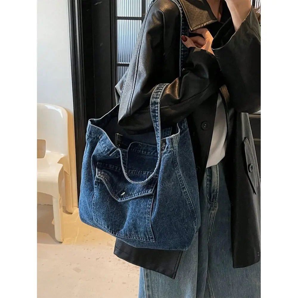 Distressed Denim Style Tote Shoulder Bag with Relaxed Carry Design