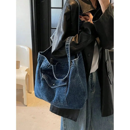 Distressed Denim Style Tote Shoulder Bag with Relaxed Carry Design
