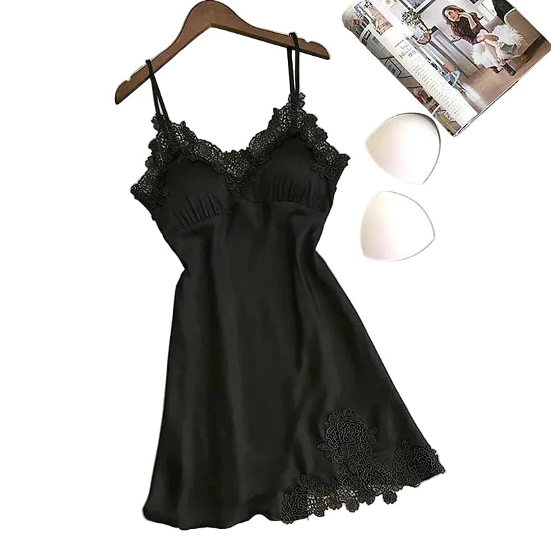 Women's Satin-Look Mini Nightgown with V-Neck and Lace Trim, Sleeveless Slip Dress, Delicate Summer Sleepwear
