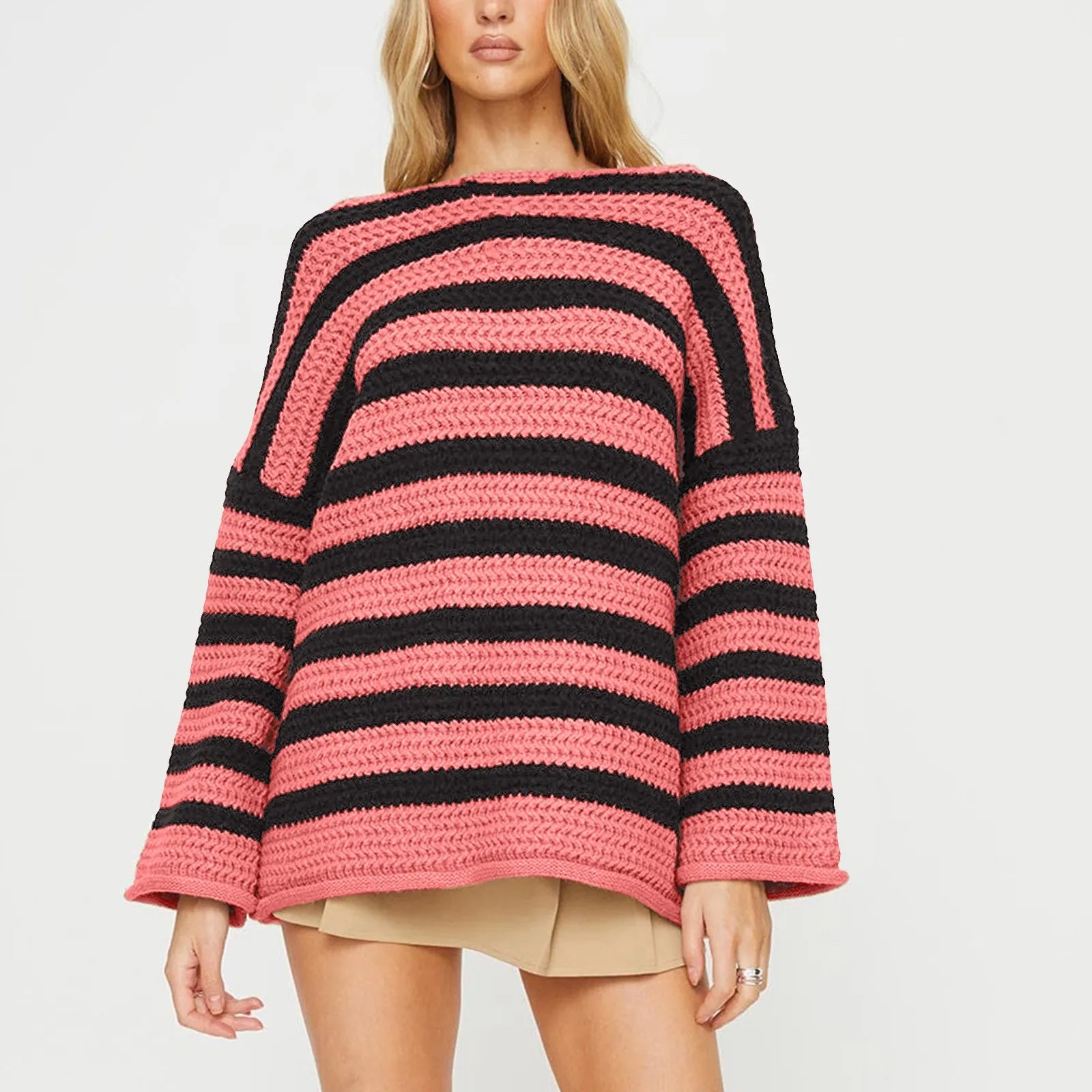 Women's Oversized Striped Crew Neck Relaxed Knit Pullover Sweater With Soft Texture
