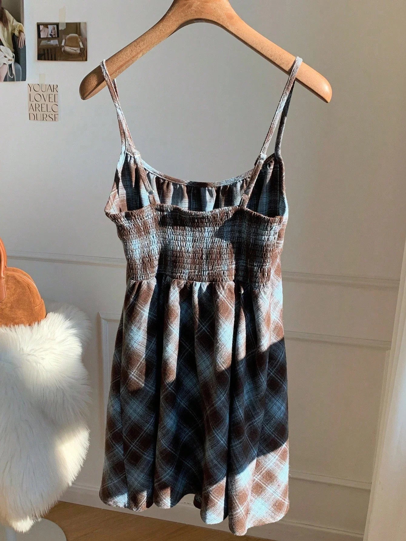 Plaid Square Neck Strap Mini Dress with Bow Detail and A-Line Fit
